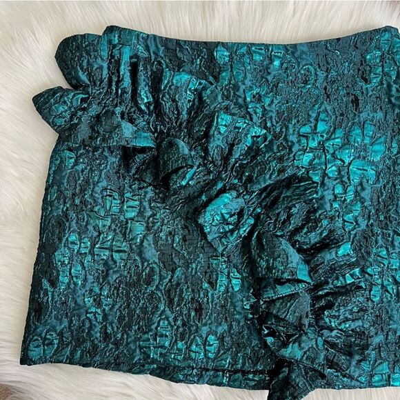 NWT Zara nwt green jacquard skirt Zara Teal Metallic Ruffle Mini Skirt XS - Picture 16 of 16